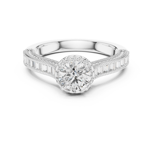 Anillo de Compromiso Halo 1.43ctw con Diamantes Creados en Laboratorio | Acentos Baguette y Redondos en Canal | Color D Claridad VS | Oro 10K/18K, Plata y Platino (Tallas 8-20 Disponibles)