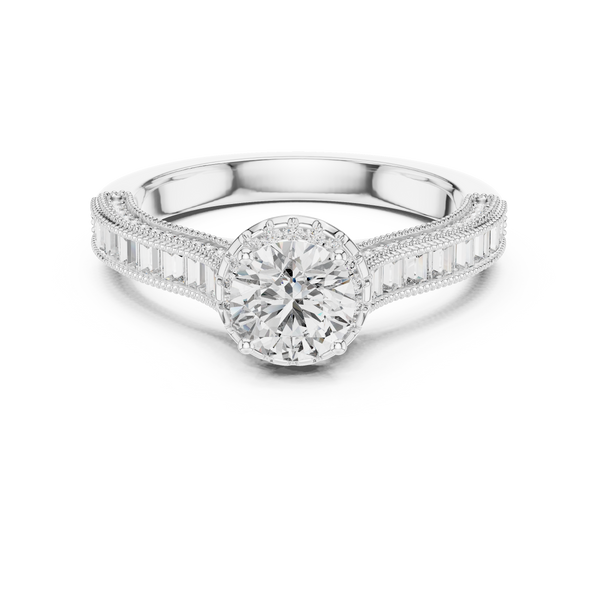 Anillo de Compromiso Halo 1.43ctw con Diamantes Creados en Laboratorio | Acentos Baguette y Redondos en Canal | Color D Claridad VS | Oro 10K/18K, Plata y Platino (Tallas 8-20 Disponibles)