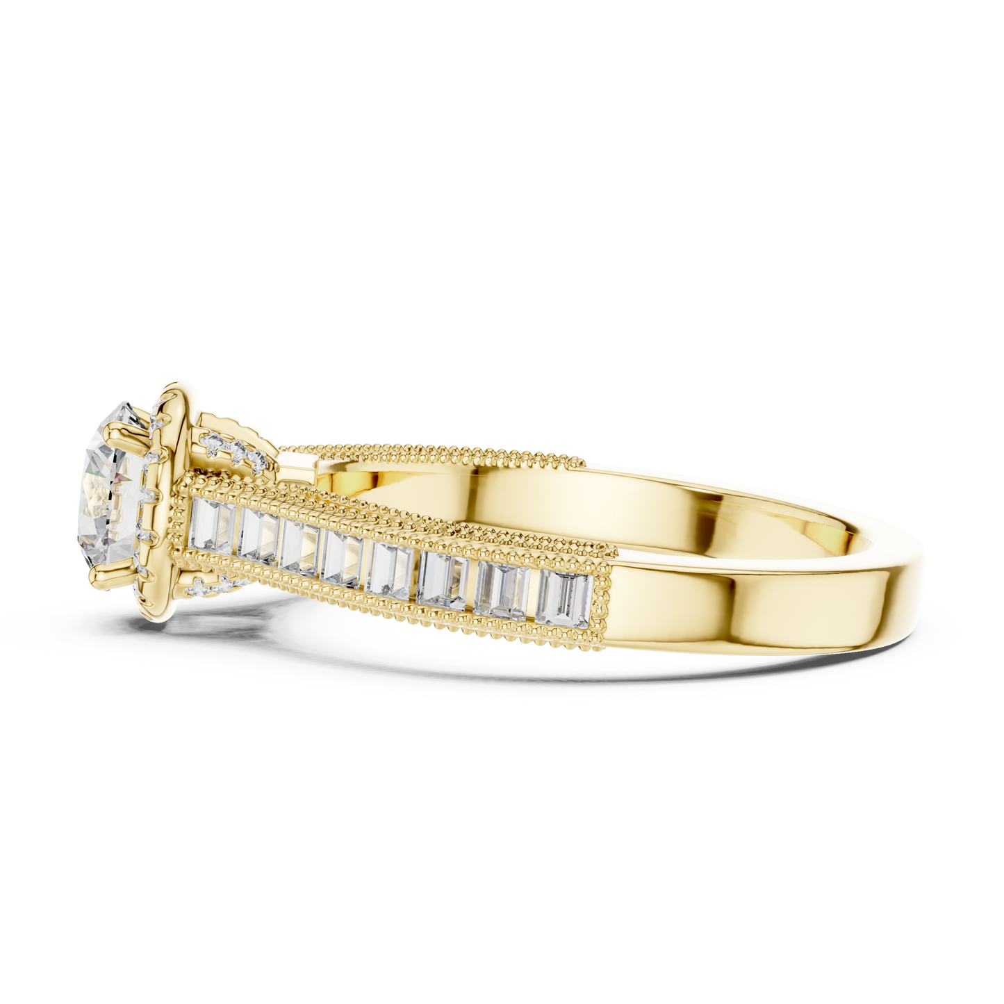 Anillo de Compromiso Halo 1.43ctw con Diamantes Creados en Laboratorio | Acentos Baguette y Redondos en Canal | Color D Claridad VS | Oro 10K/18K, Plata y Platino (Tallas 8-20 Disponibles)