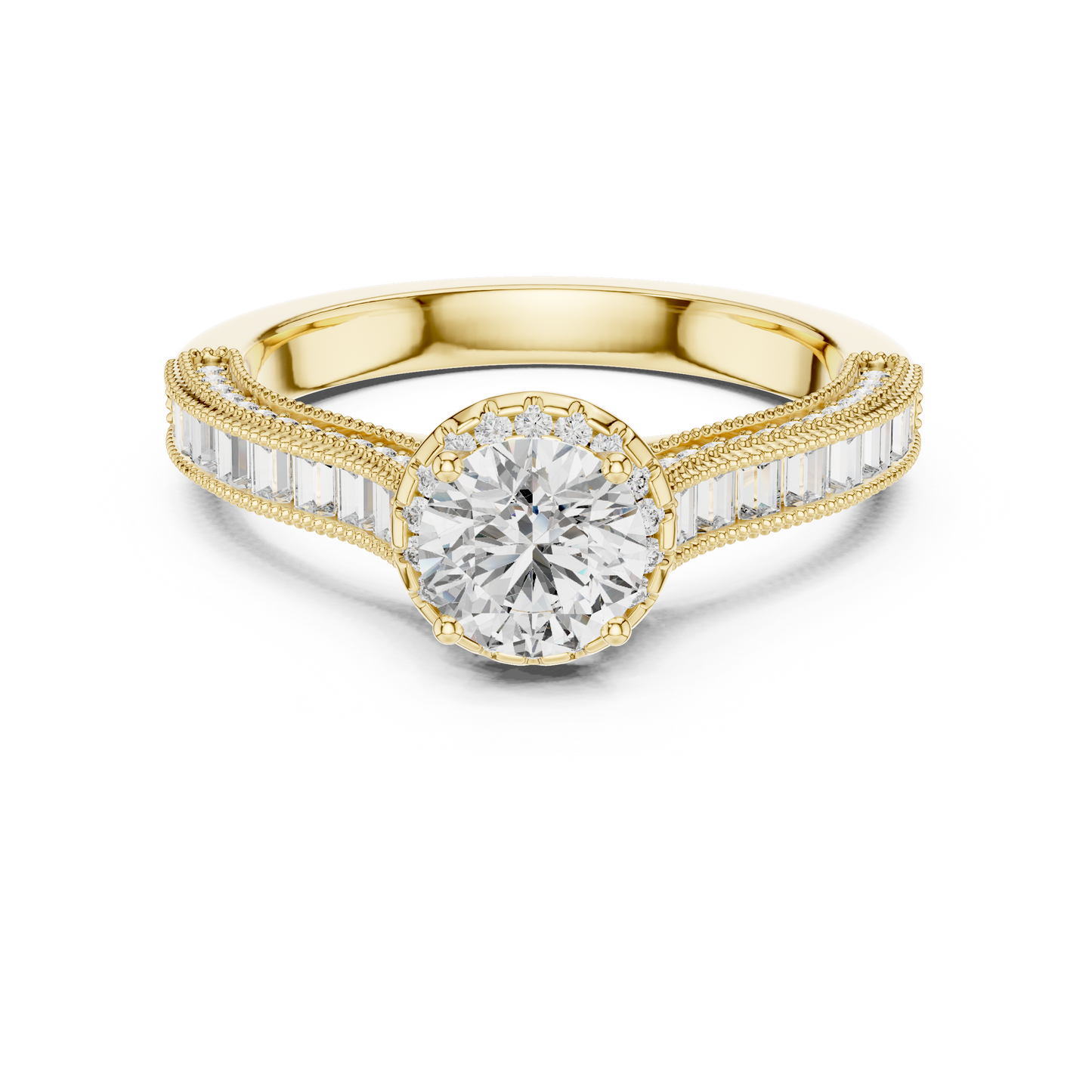 Anillo de Compromiso Halo 1.43ctw con Diamantes Creados en Laboratorio | Acentos Baguette y Redondos en Canal | Color D Claridad VS | Oro 10K/18K, Plata y Platino (Tallas 8-20 Disponibles)