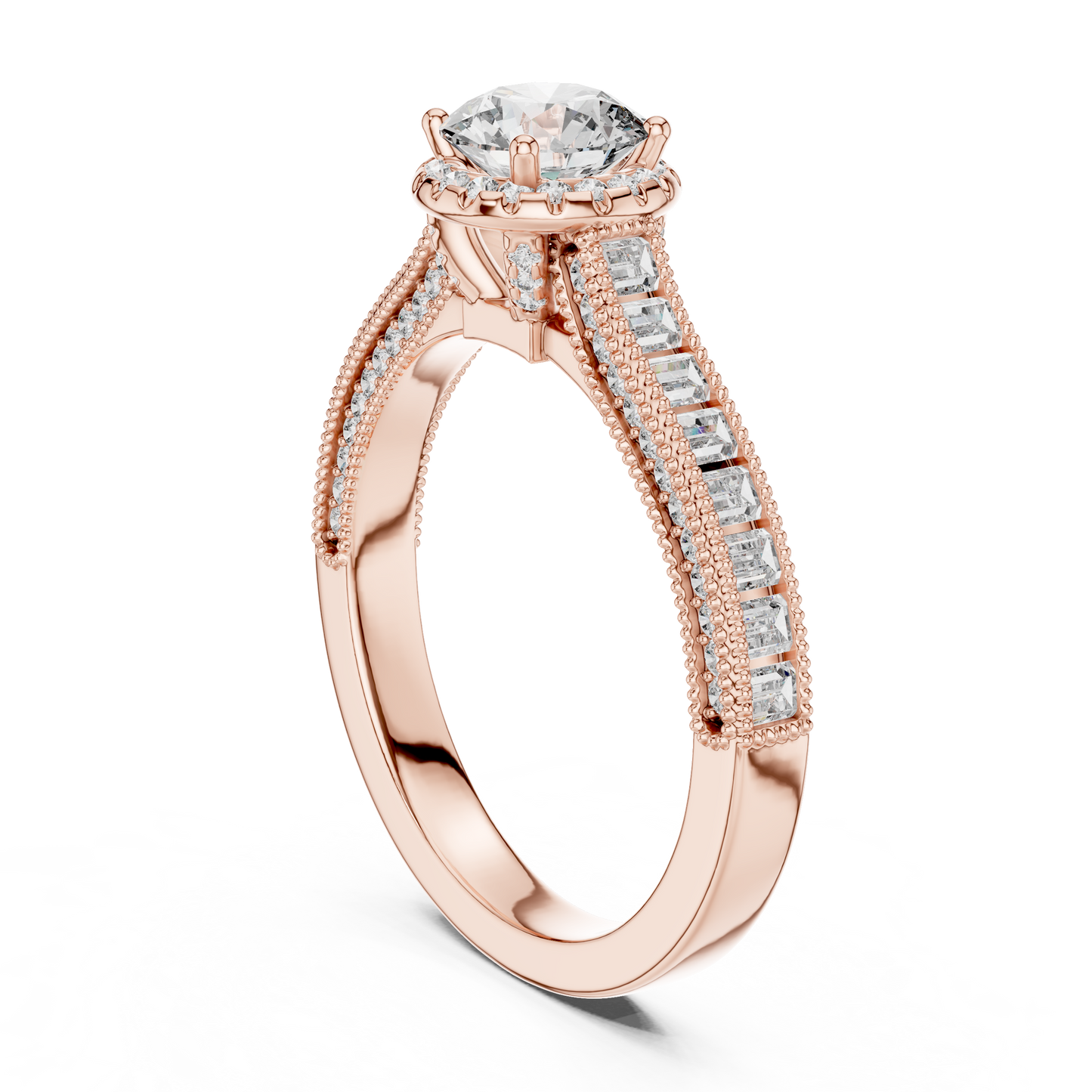 Anillo de Compromiso Halo 1.43ctw con Diamantes Creados en Laboratorio | Acentos Baguette y Redondos en Canal | Color D Claridad VS | Oro 10K/18K, Plata y Platino (Tallas 8-20 Disponibles)