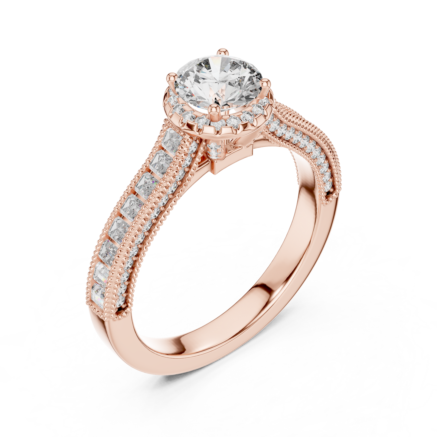 Anillo de Compromiso Halo 1.43ctw con Diamantes Creados en Laboratorio | Acentos Baguette y Redondos en Canal | Color D Claridad VS | Oro 10K/18K, Plata y Platino (Tallas 8-20 Disponibles)