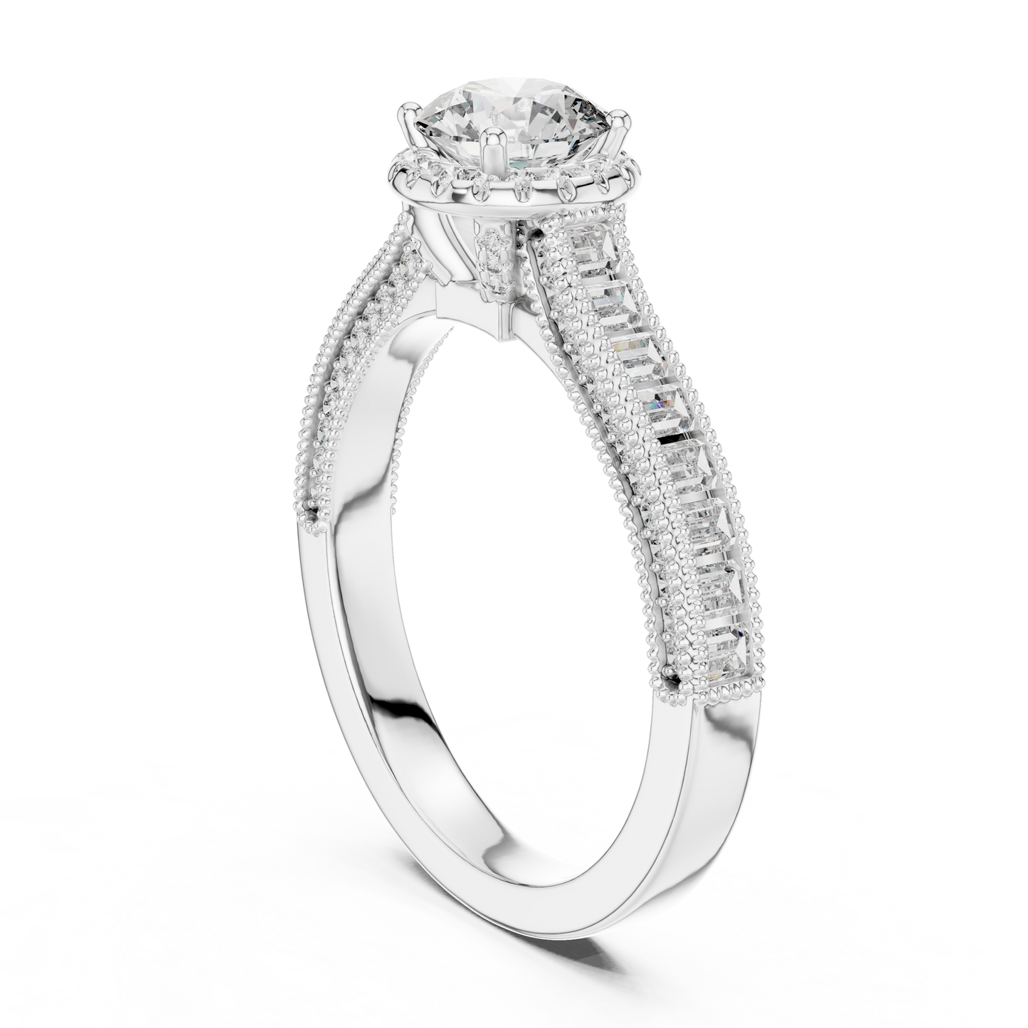 Anillo de Compromiso Halo 1.43ctw con Diamantes Creados en Laboratorio | Acentos Baguette y Redondos en Canal | Color D Claridad VS | Oro 10K/18K, Plata y Platino (Tallas 8-20 Disponibles)