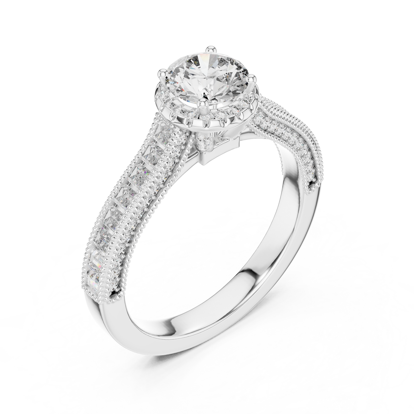 Anillo de Compromiso Halo 1.43ctw con Diamantes Creados en Laboratorio | Acentos Baguette y Redondos en Canal | Color D Claridad VS | Oro 10K/18K, Plata y Platino (Tallas 8-20 Disponibles)