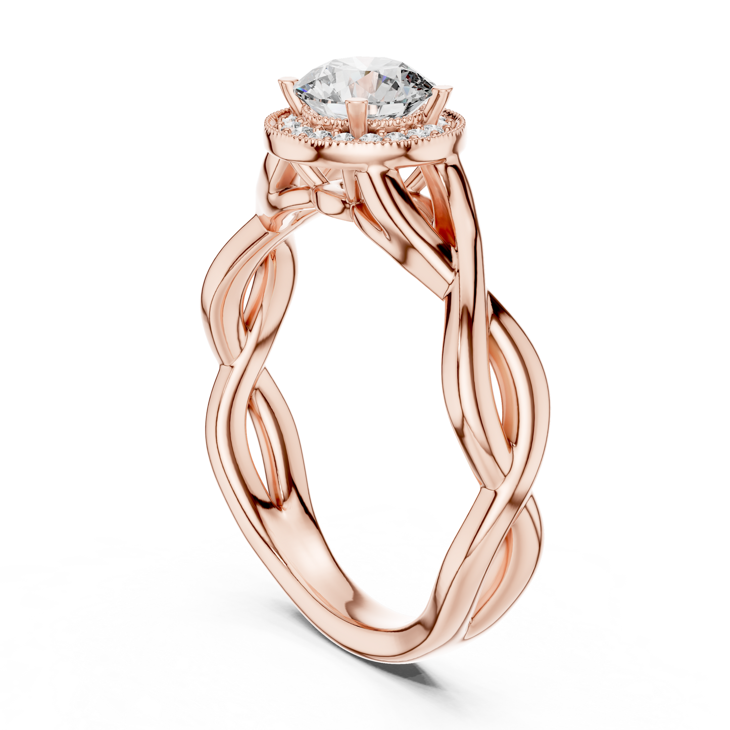 Anillo Solitario Halo Redondo 0.79ctw con Banda Infinita Torcida en Córdoba, España | Diamante Creado en Laboratorio | Oro 10K/18K, Plata y Platino (Tallas Disponibles 8-20)
