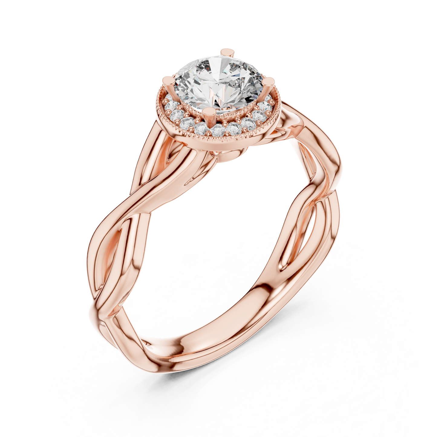 Anillo Solitario Halo Redondo 0.79ctw con Banda Infinita Torcida en Córdoba, España | Diamante Creado en Laboratorio | Oro 10K/18K, Plata y Platino (Tallas Disponibles 8-20)