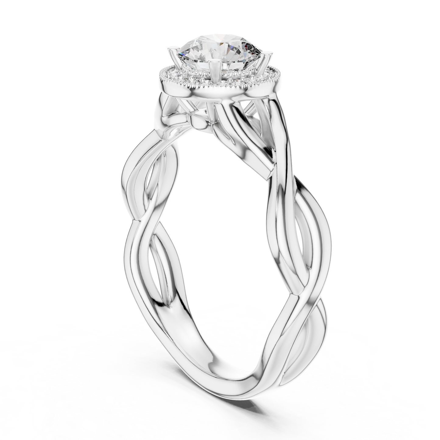 Anillo Solitario Halo Redondo 0.79ctw con Banda Infinita Torcida en Córdoba, España | Diamante Creado en Laboratorio | Oro 10K/18K, Plata y Platino (Tallas Disponibles 8-20)