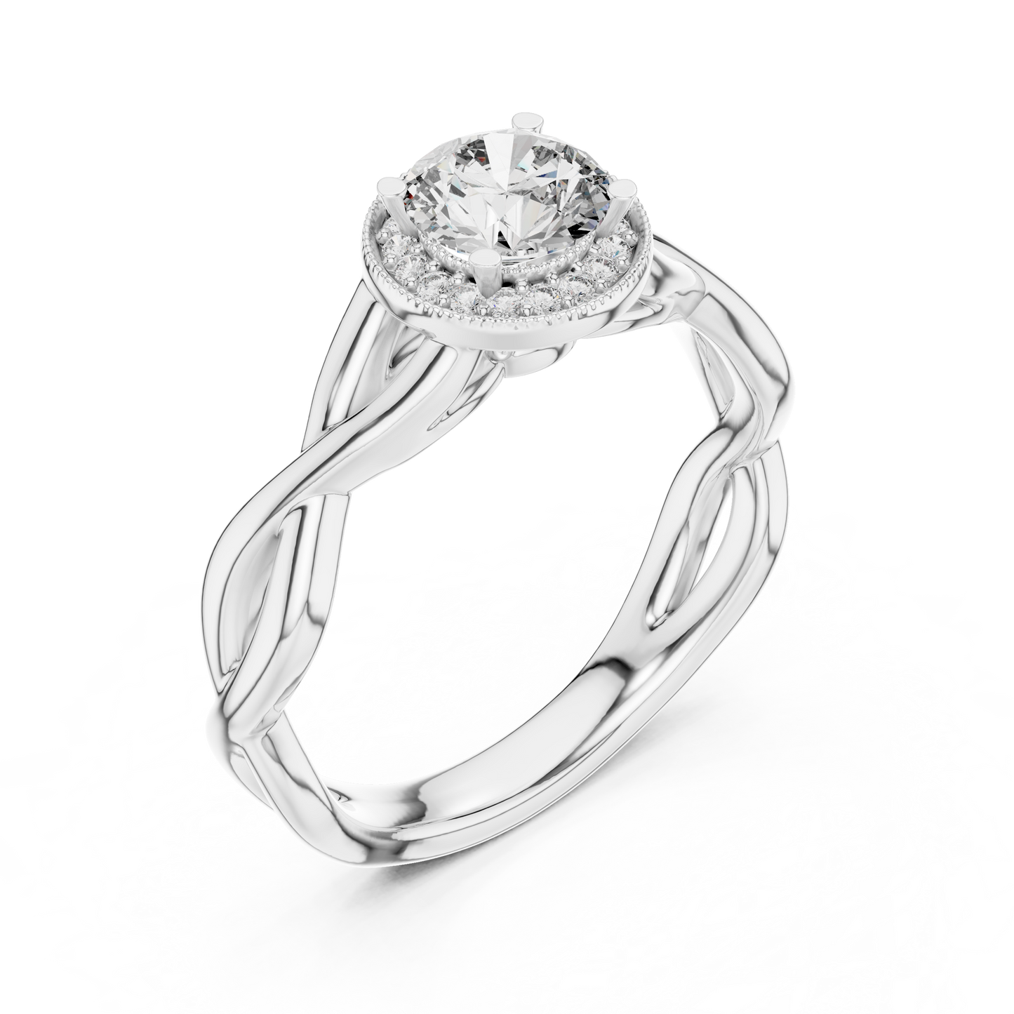 Anillo Solitario Halo Redondo 0.79ctw con Banda Infinita Torcida en Córdoba, España | Diamante Creado en Laboratorio | Oro 10K/18K, Plata y Platino (Tallas Disponibles 8-20)