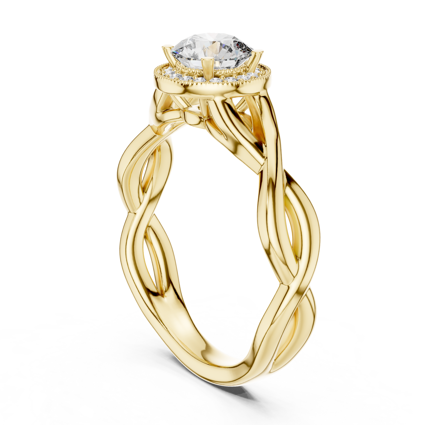 Anillo Solitario Halo Redondo 0.79ctw con Banda Infinita Torcida en Córdoba, España | Diamante Creado en Laboratorio | Oro 10K/18K, Plata y Platino (Tallas Disponibles 8-20)