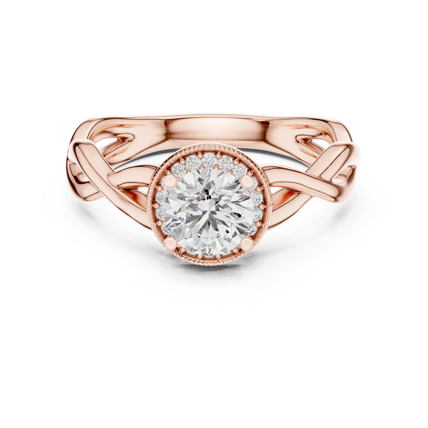 Anillo Solitario Halo Redondo 0.79ctw con Banda Infinita Torcida en Córdoba, España | Diamante Creado en Laboratorio | Oro 10K/18K, Plata y Platino (Tallas Disponibles 8-20)