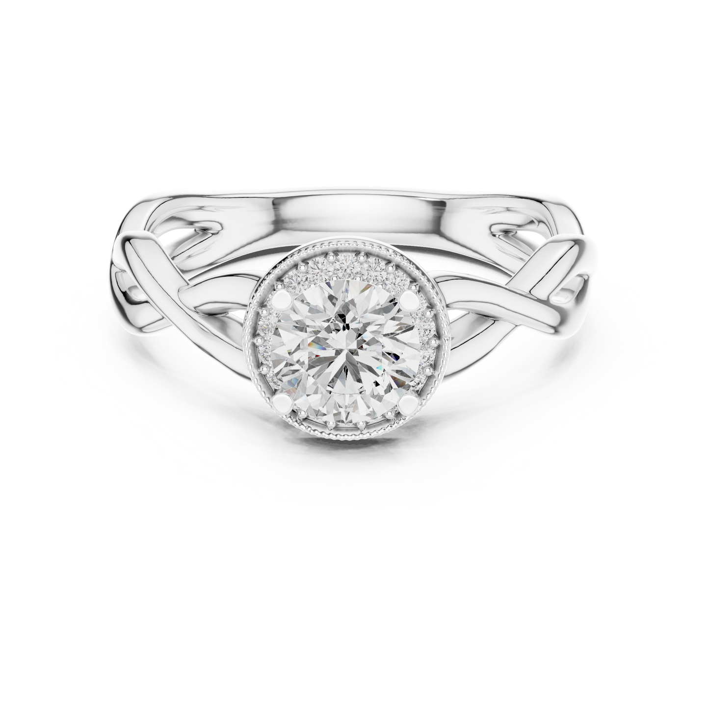 Anillo Solitario Halo Redondo 0.79ctw con Banda Infinita Torcida en Córdoba, España | Diamante Creado en Laboratorio | Oro 10K/18K, Plata y Platino (Tallas Disponibles 8-20)