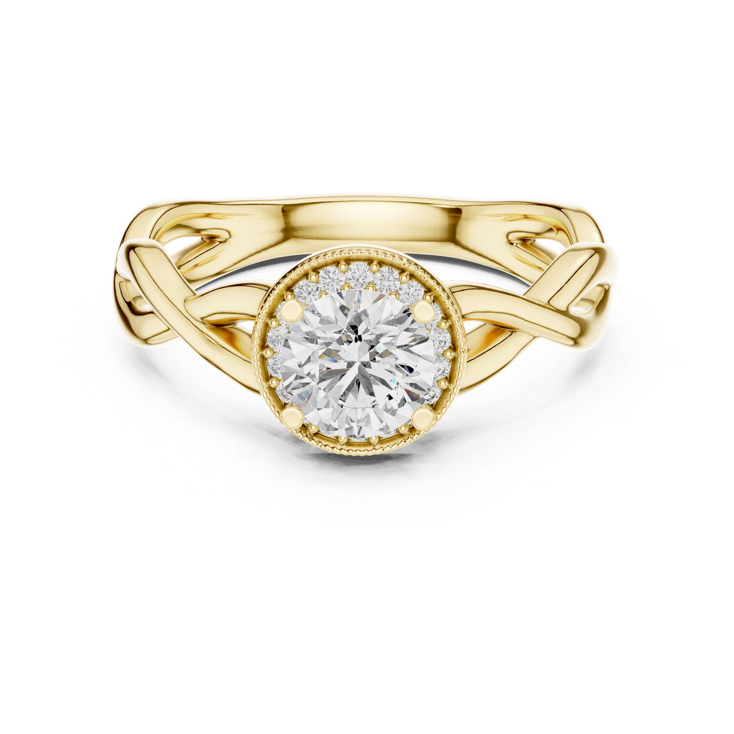 Anillo Solitario Halo Redondo 0.79ctw con Banda Infinita Torcida en Córdoba, España | Diamante Creado en Laboratorio | Oro 10K/18K, Plata y Platino (Tallas Disponibles 8-20)
