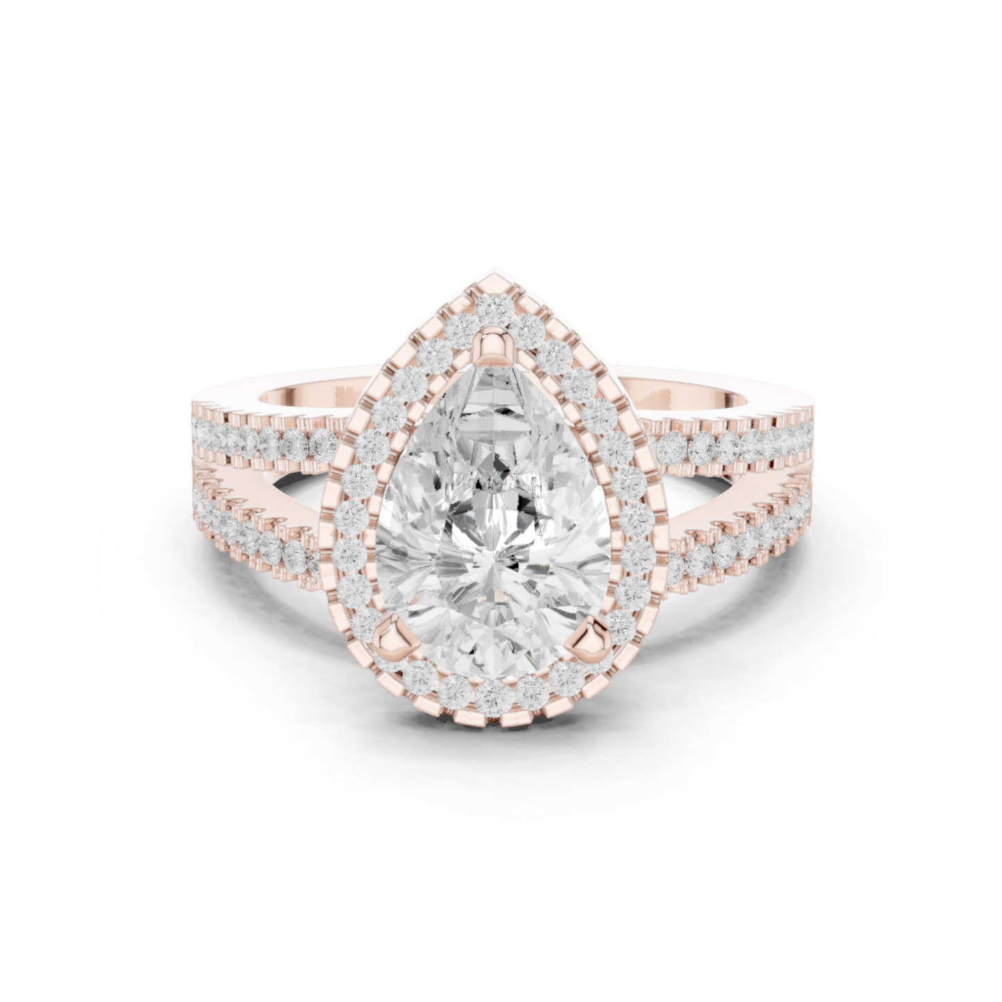 Anillo de Compromiso 2.17ctw con Diamante Corte Pera y Halo con Banda Pavé de Triple Fila en Córdoba, España| Color D Claridad VS Diamante Creado en Laboratorio | Oro 10K/18K, Plata y Platino (Tallas Disponibles 8–20)