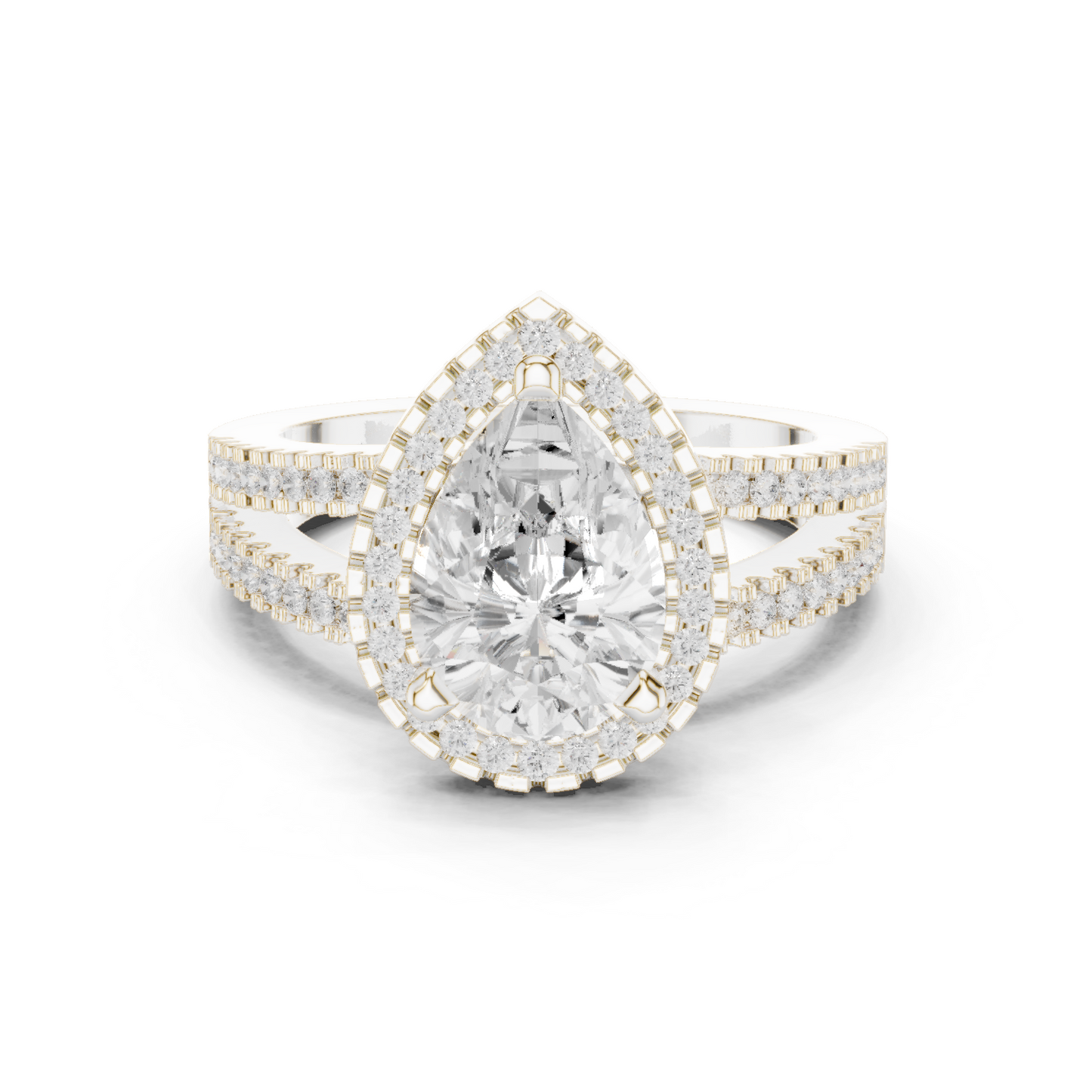 Anillo de Compromiso 2.17ctw con Diamante Corte Pera y Halo con Banda Pavé de Triple Fila en Córdoba, España| Color D Claridad VS Diamante Creado en Laboratorio | Oro 10K/18K, Plata y Platino (Tallas Disponibles 8–20)