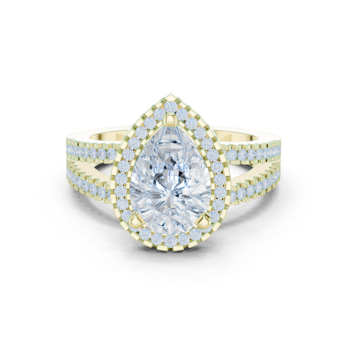Anillo de Compromiso 2.17ctw con Diamante Corte Pera y Halo con Banda Pavé de Triple Fila en Córdoba, España| Color D Claridad VS Diamante Creado en Laboratorio | Oro 10K/18K, Plata y Platino (Tallas Disponibles 8–20)